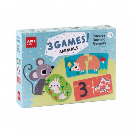 Apli Set De 3 Juegos Animales: 1 Puzzle De 24 Piezas¸ 1 Domino De 36 Pie...