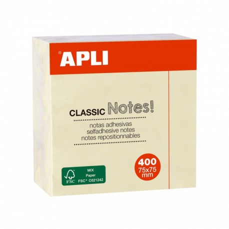 Apli Notas Adhesivas Classic 75x75mm - Cubo De 400 Hojas - Adhesivo De C...