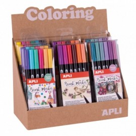 Apli Coloring Brush Markers - Expositor Con 8 Packs Surtidos - Doble Pun...