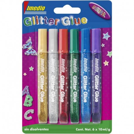 10 X Imedio Glitter Glue "original" Pack De 6 Tubos De Pegamento Con Bri...